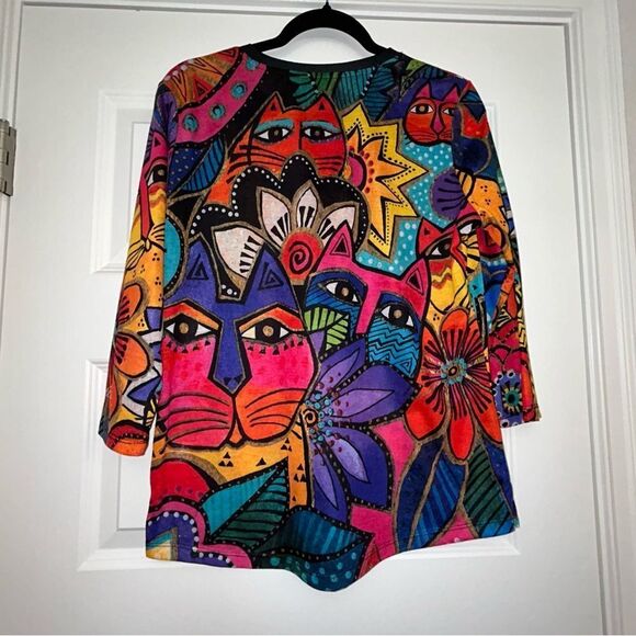 Laurel Burch Cat Garden Party Print 3/4 Length Sleeve Statement Shirt Top - Picture 11 of 12